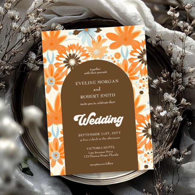 Invitation Arche rétro super orange brun et bleu fleurs (Retro groovy orange brown and blue flowers arch invitation)