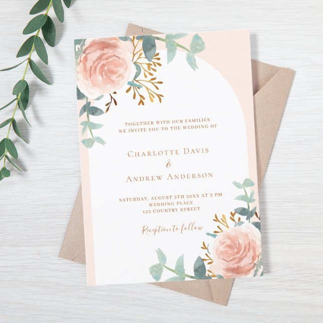 Invitation Arche rose or fleurie verdure luxuriante mariage d (Créateur téléchargé)