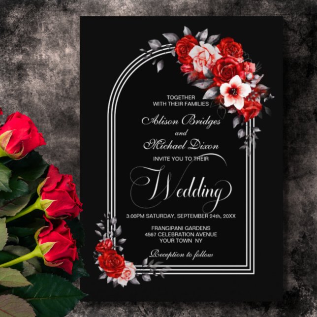 Invitation Arche rouge Floral Mariage noir (Créateur téléchargé)