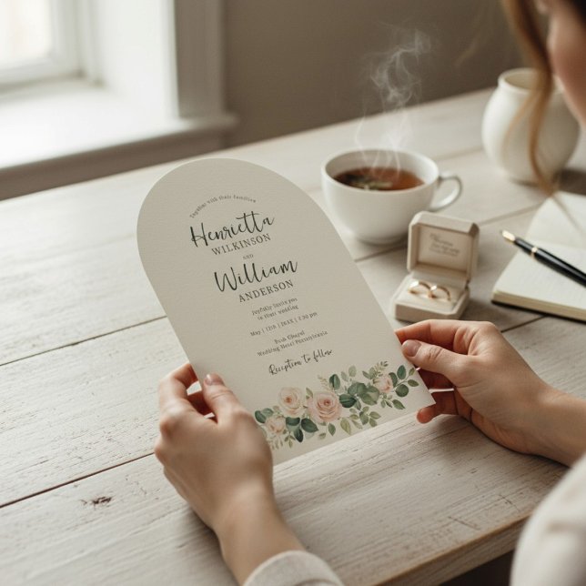 Invitation arched all in one botanical floral green script (Créateur téléchargé)