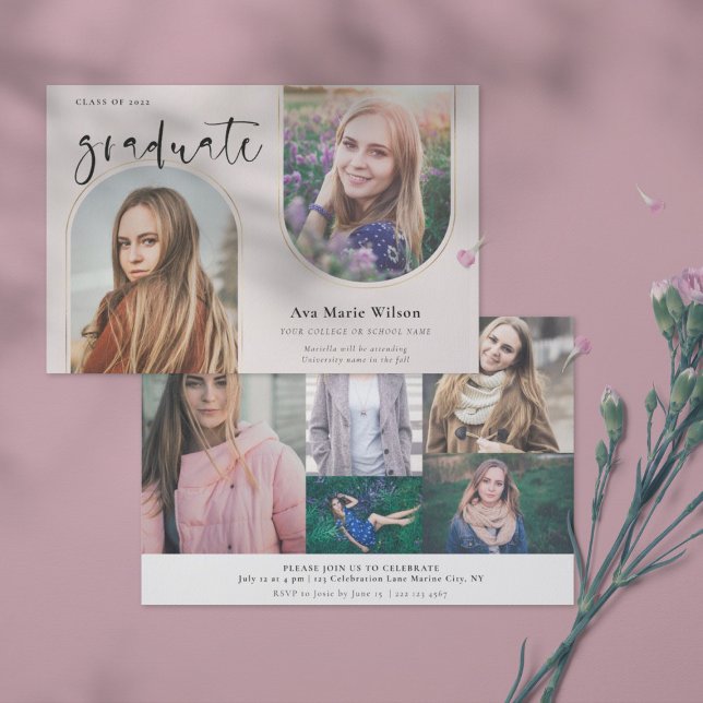 Invitation Arches d'or | Blush Photo Calligraphy Graduation (Créateur téléchargé)