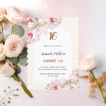 Invitation Arcs beiges floraux roses arc Saint Jacques Sweet<br><div class="desc">Un cadre en arc de cercle blanc et un arrière - plan beige doux et crème. Décoré de fleurs roses et de corbeaux beige. Personnalisez et ajoutez un nom,  un âge et des détails.</div>