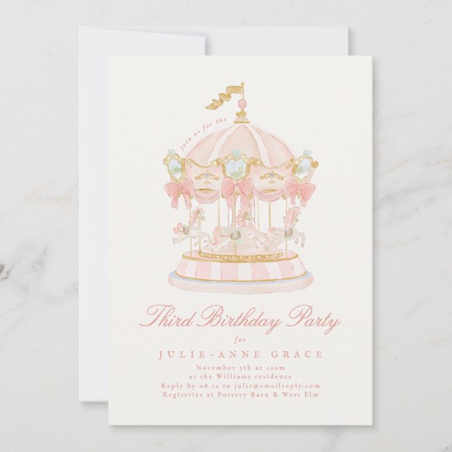 Invitation Arcs de conte de fées Rose Fille Carrousel Fête d' (Devant)