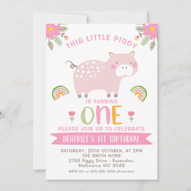Invitation Arcs-en-ciel rose fleuris Little Piggy 1er anniver (Devant)