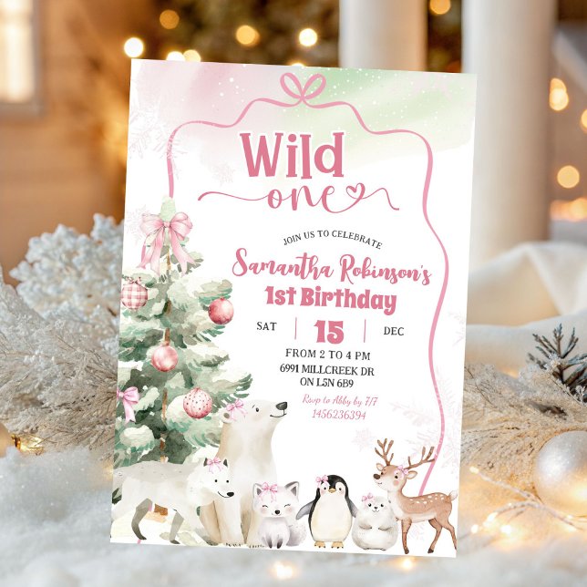 Invitation Arctic Animals Coquette Wild One Girl 1st Birthday (Créateur téléchargé)