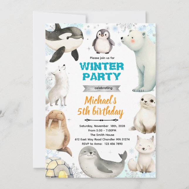 Invitation Arctic Animals theme invite (Devant)
