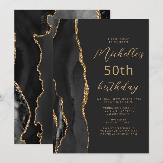 Invitation Ardoise Agate Or Noir Écriture 50e Anniversaire (Devant / Derrière)