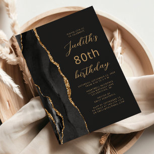 Invitation Ardoise Agate Or Noir Écriture 80e Anniversaire