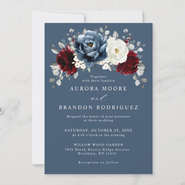 Invitation Ardoise Burgundy Blanc Ivory Floral Mariage Inv (Devant)