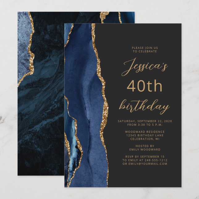 Invitation Ardoise d'or bleu marine Script 40e anniversaire (Devant / Derrière)