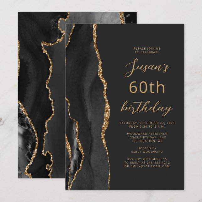 Invitation Ardoise dorée noire Script 60e anniversaire (Devant / Derrière)