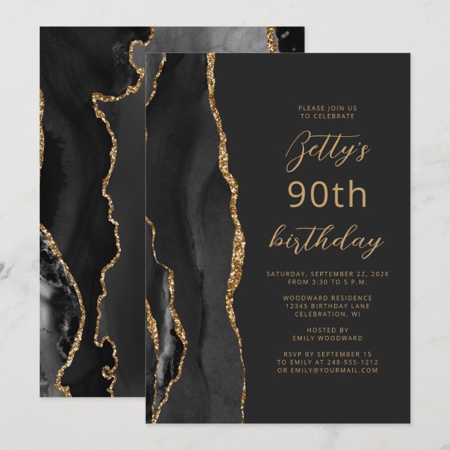 Invitation Ardoise dorée noire Script 90e anniversaire (Devant / Derrière)
