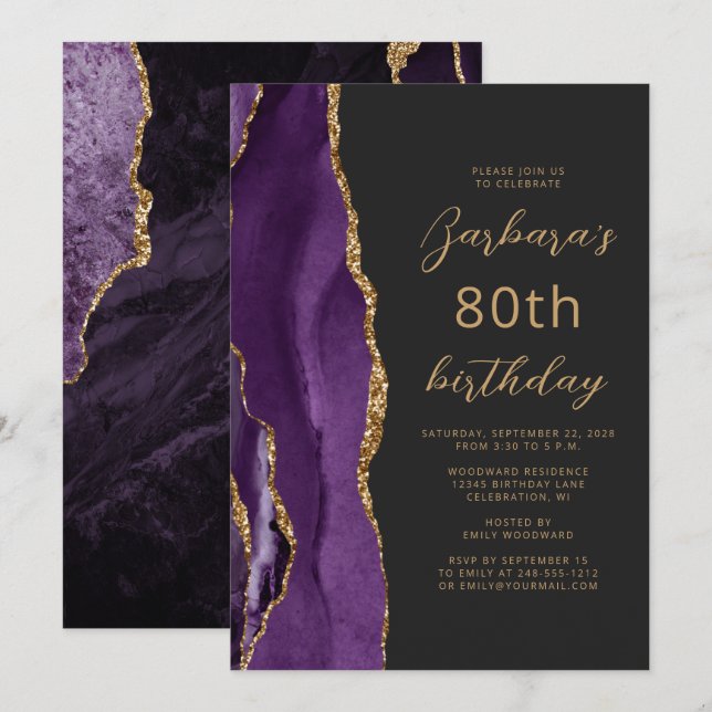 Invitation Ardoise dorée violette Script 80e anniversaire (Devant / Derrière)
