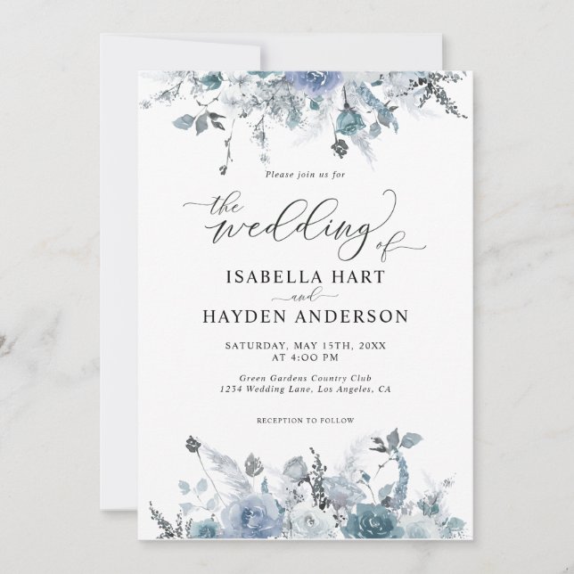 Invitation Ardoise florale Dusty Boho Pastel Blue Pampas Mari (Devant)