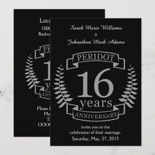 Invitation Argent Anniversaire de mariage traditionnel 16 ans (Devant / Derrière)