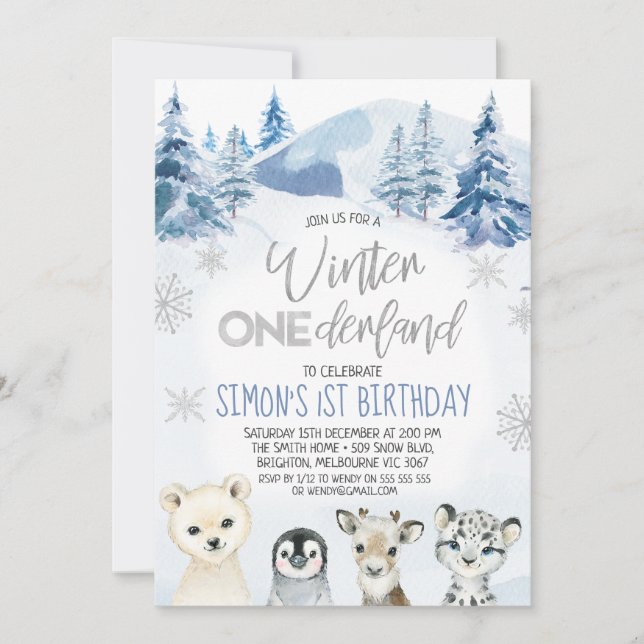 Invitation Argent Arctic Animaux Hiver Onederland Anniversair (Devant)