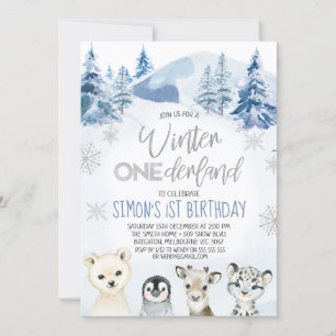 Invitation Argent Arctic Animaux Hiver Onederland Anniversair