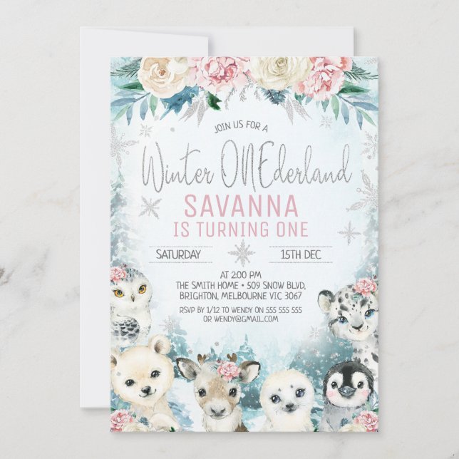 Invitation Argent Arctic Animaux Hiver Onederland Anniversair (Devant)