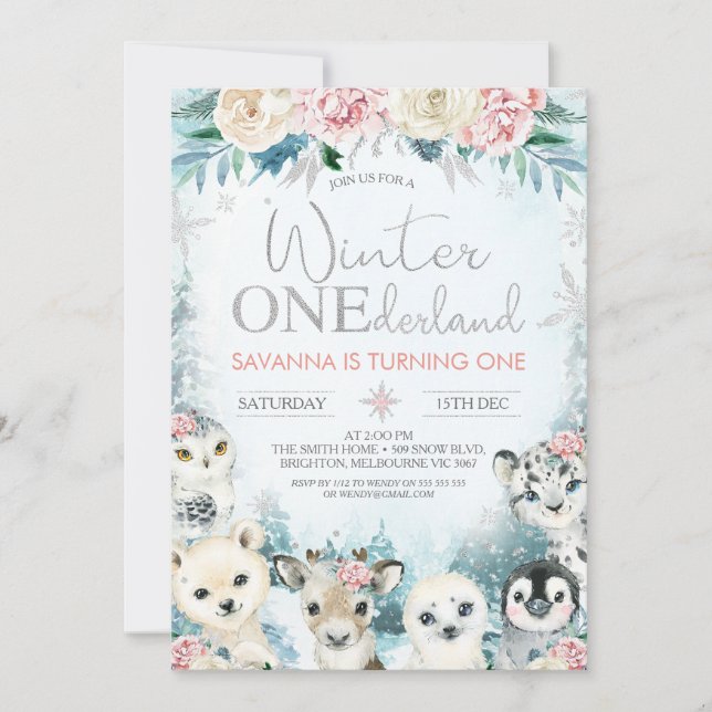 Invitation Argent Artique Animal Hiver Onederland Anniversair (Devant)