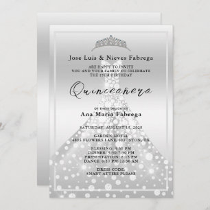 Invitation Argent Ball Gown & Tiara Quinceañera Anniversaire