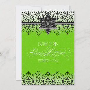 Invitation Argent Bar Mitzvah Vert noir et blanc dentelle