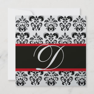 Invitation ARGENT & BLACK RED DAMASK MONOGRAM, blanc