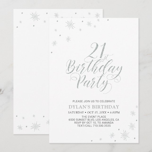 Invitation Argent & Blanc | Fête d'anniversaire 21 ans chic m (Devant / Derrière)