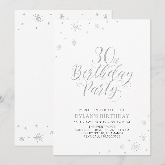 Invitation Argent & Blanc | Fête d'anniversaire moderne et ch (Devant / Derrière)