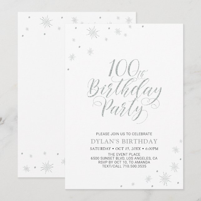 Invitation Argent & Blanc | Moderne Fête d'anniversaire pour  (Devant / Derrière)