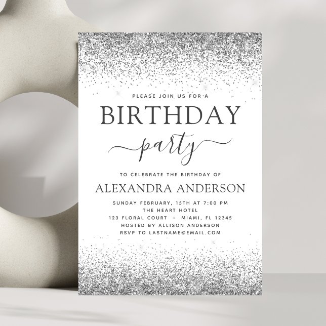 Invitation Argent Blanc N'importe quel âge Parties scintillan (Créateur téléchargé)