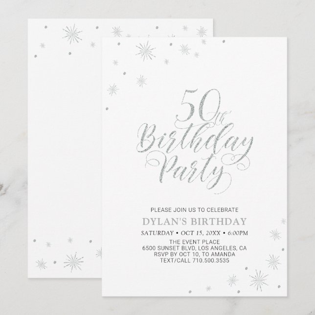 Invitation Argent & Blanc | Soirée d'anniversaire chic et mod (Devant / Derrière)
