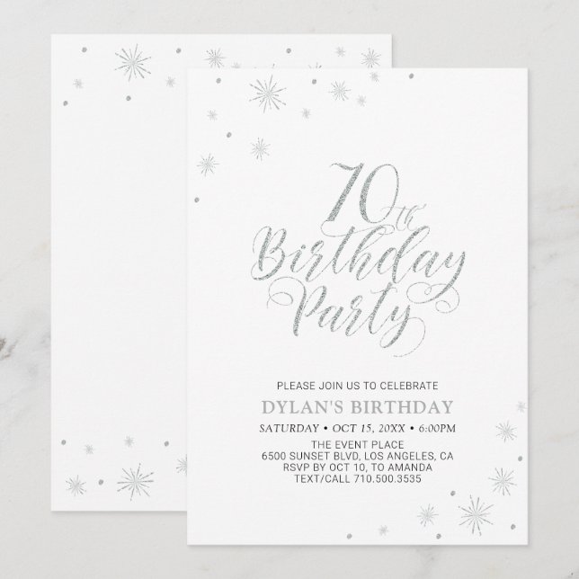 Invitation Argent & Blanc | Soirée Moderne et Chic pour un 70 (Devant / Derrière)