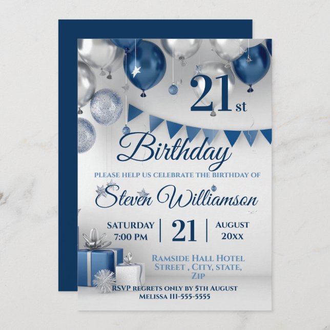 Invitation Argent bleu 21e anniversaire (Devant / Derrière)