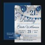 Invitation Argent bleu 21e anniversaire<br><div class="desc">Un design élégant pour une invitation à la fête du 21e anniversaire. Comprend des ballons bleus et argentés et un pennant avec du texte bleu. Tout le texte peut être modifié au besoin</div>