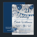 Invitation Argent bleu 21e anniversaire<br><div class="desc">Un design élégant pour une invitation à la fête du 21e anniversaire. Comprend des ballons bleus et argentés et un pennant avec du texte bleu. Tout le texte peut être modifié au besoin</div>