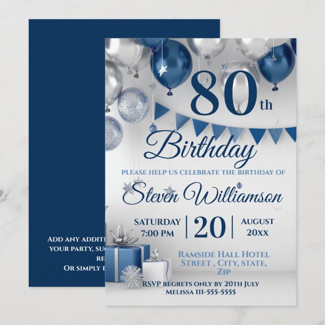 Invitation Argent bleu 80e anniversaire (Devant / Derrière)