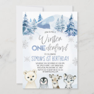 Invitation Argent Bleu Arctique Onederland hiver Anniversaire