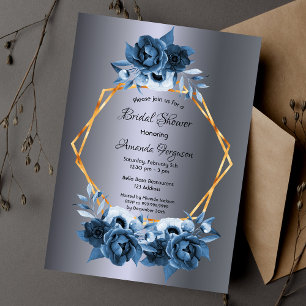 Invitation Argent bleu bleu floral or douche nuptiale