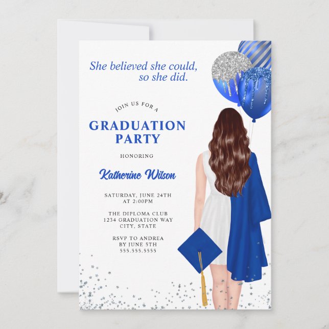Invitation Argent Bleu Elle Croyait Graduation (Devant)
