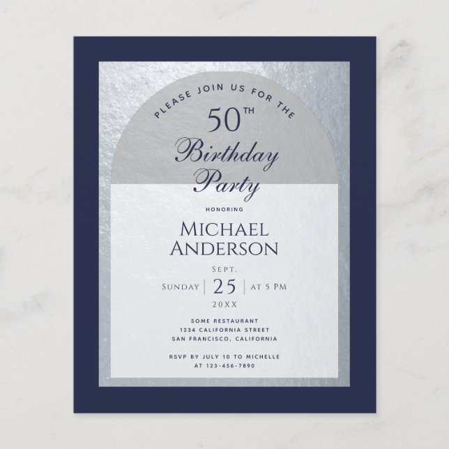 Invitation argent bleu marine homme 50 ans Budget (Devant)