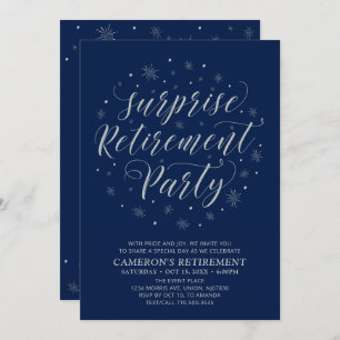 Invitation Argent, bleu marine moderne Surprise Retraite Part