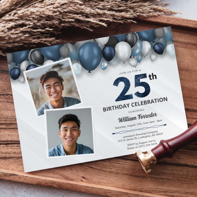 Invitation Argent bleu noir et blanc 25e anniversaire 2 photo (Blue Silver Black & White 25th Birthday 2 Photo Invitation)