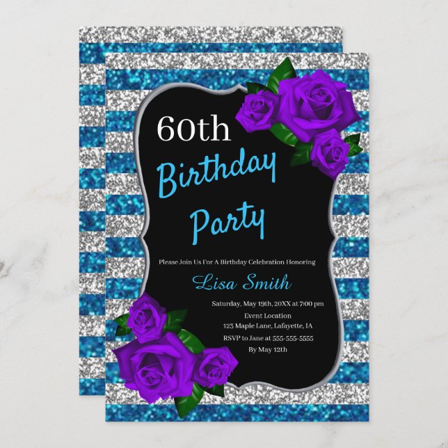 Invitation Argent Bleu Parties scintillant  Violet Roses (Devant / Derrière)