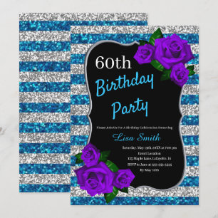 Invitation Argent Bleu Parties scintillant  Violet Roses