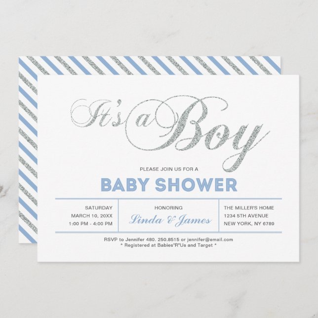 Invitation Argent, bleu | Typographie moderne Baby shower gar (Devant / Derrière)
