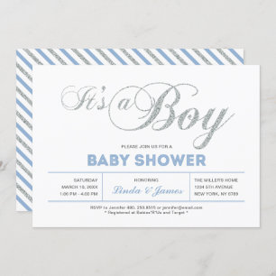 Invitation Argent, bleu Typographie moderne Baby shower gar