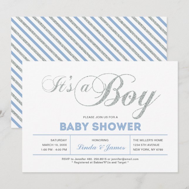Invitation Argent, Bleu | Typographie Moderne Garçon Baby Sho (Devant / Derrière)