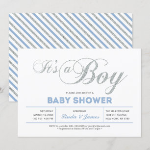 Invitation Argent, Bleu   Typographie Moderne Garçon Baby Sho