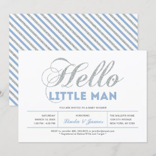 Invitation Argent, Bleu   Typographie Moderne Garçon Baby Sho