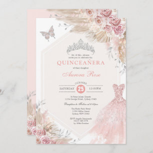 Invitation Argent Blush rose Boho Floral Quinceañera Annivers